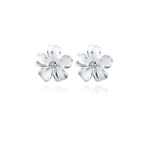 Silver Plumeria Flower Stud Earrings with Crystals