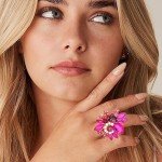 Hot Pink Gold Tone Crystal Flower Cocktail Ring