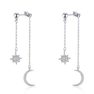 Crescent Moon Star Dangle Earrings in Silver