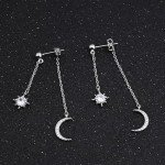 Crescent Moon Star Dangle Earrings in Silver
