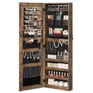 Lockable Jewelry Cabinet with Full-Length Mirror, Textured Brown