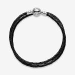 PANDORA Silver leather bracelet, double, black