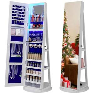 White Standing Jewelry Armoire with Rotating Mirror & Lights