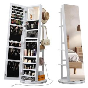 Mirrored Swivel Jewelry Cabinet with LED Lights, White
