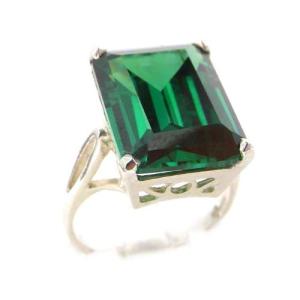 Large Green CZ Octagon Cut Sterling Silver Ring - Size 12