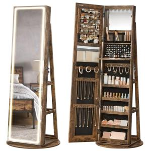 Rustic Brown Jewelry Armoire with LED Mirror Organizer