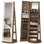 Rustic Brown Jewelry Armoire with LED Mirror Organizer