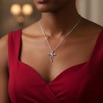 10K White Gold Natural White Diamond Cross Necklace