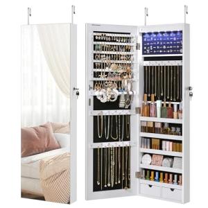 White Wall-Mounted Jewelry Cabinet with LED Lights & Mirror