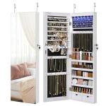 White Wall-Mounted Jewelry Cabinet with LED Lights & Mirror
