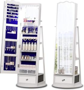 White Standing Mirror Jewelry Cabinet with Lights and Storage