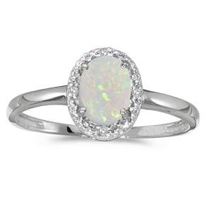 10k White Gold Oval Opal Diamond Ring - Size 7