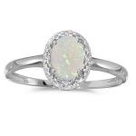10k White Gold Oval Opal Diamond Ring - Size 7