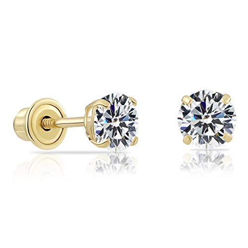 14k Gold Round CZ Stud Earrings (4mm) Screw-backs