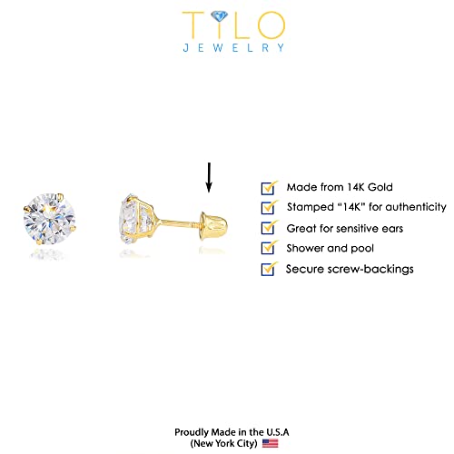 14k Gold Round CZ Stud Earrings (4mm) Screw-backs
