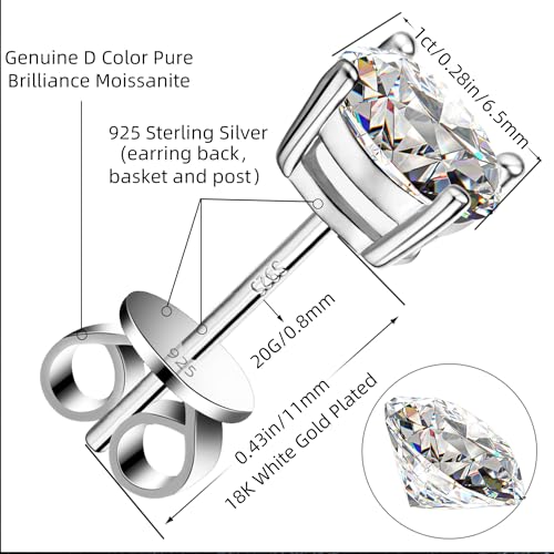 Sterling Silver Moissanite Stud Earrings - 2.0CT D Color