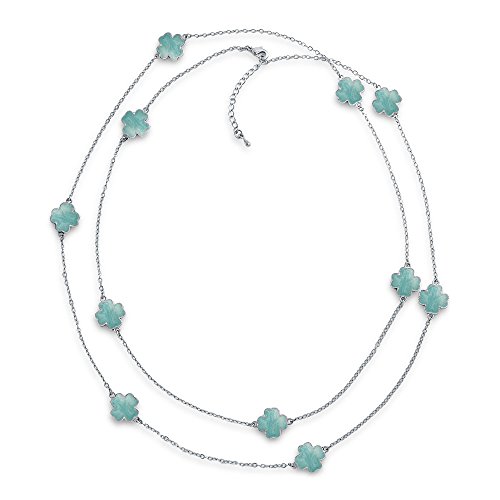 Aqua Blue Flower Pearl Enamel Long Chain Necklace