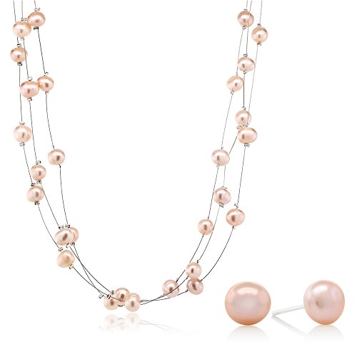 Pink Cultured Freshwater Pearl Necklace Earrings Set