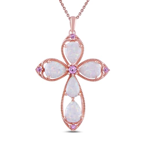 Opal and Pink Sapphire Cross Pendant Necklace