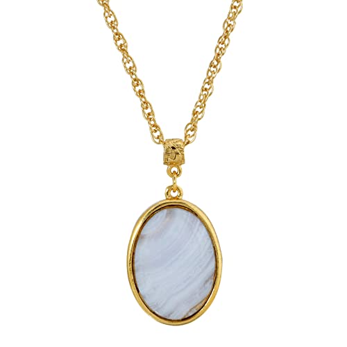 Blue Lace Agate Oval Pendant Necklace, 14K Gold Dipped