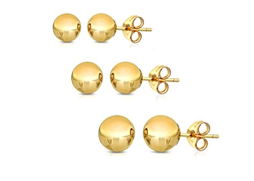 14K Solid Gold Ball Stud Earrings - Set of 3