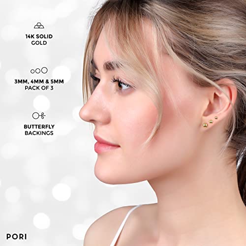 14K Solid Gold Ball Stud Earrings - Set of 3