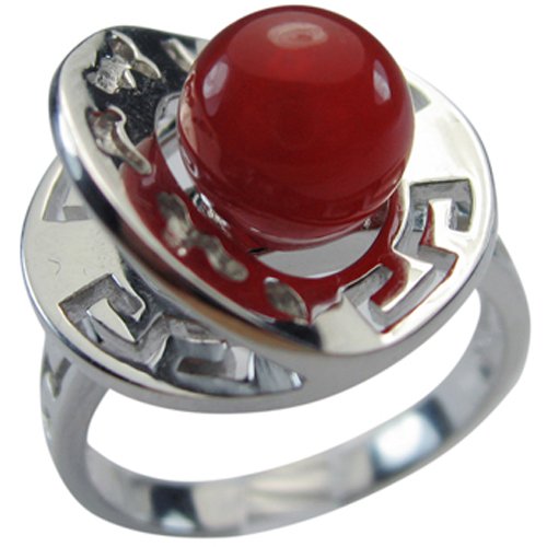 Silver Chinese Symbol Red Agate Luck Health Ring