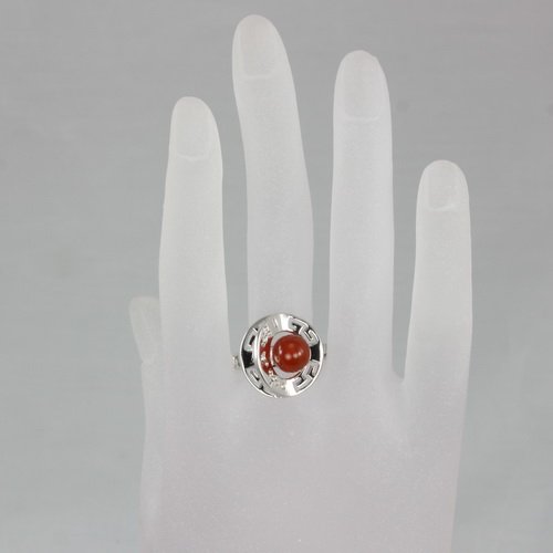 Silver Chinese Symbol Red Agate Luck Health Ring