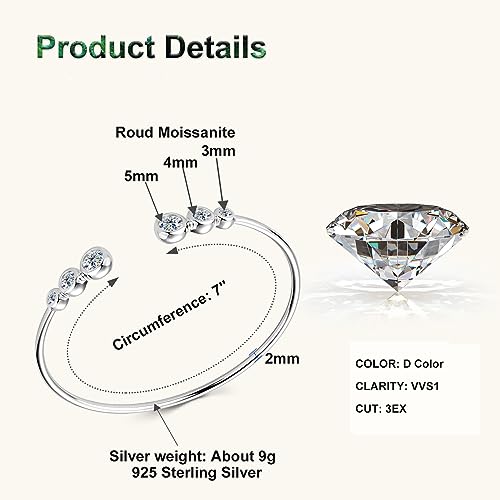 PROSTORY Moissanite Cuff Bangle, 1.8cttw D Color Lab Created Diamond Bracelet fit 7" Below Wrist, 18K Gold Plated Sterling Silver Bangle for Women or Girlfriend Birthday Gifts (Silver)