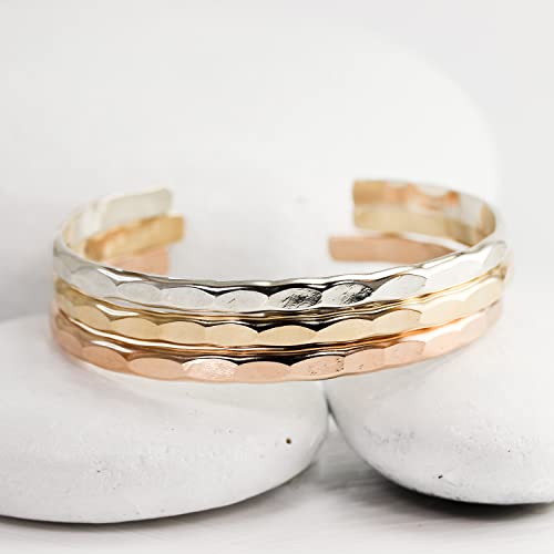 Wide Hammered Cuff Bracelet 14K Gold Filled Bangle with Hammered Texture; Women's Stacking Cuff by Lotus Stone Jewelry (M, Gold)
