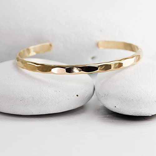 Wide Hammered Cuff Bracelet 14K Gold Filled Bangle with Hammered Texture; Women's Stacking Cuff by Lotus Stone Jewelry (M, Gold)