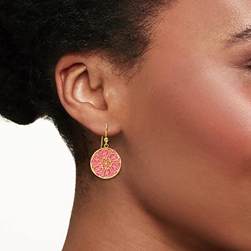 Pink Enamel Filigree Drop Earrings in Gold Over Sterling