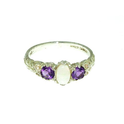 Opal and Amethyst Sterling Silver Promise Ring - Size 7.5