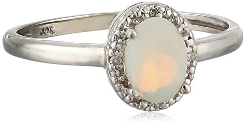 10k White Gold Oval Opal Diamond Ring - Size 7