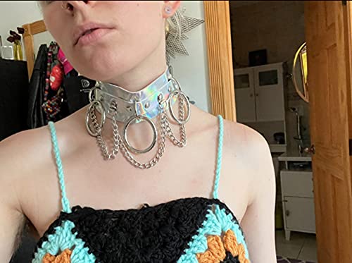 Holographic Leather Chokers with Gothic Pendant for Nightclubs