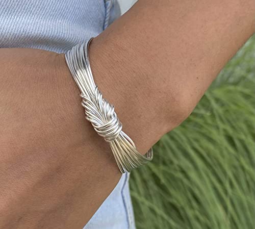 Handmade Sterling Silver Knot Cuff Bracelet, Tied White Silver Strings Minimalist Adjustable Cuff, Gift for Her