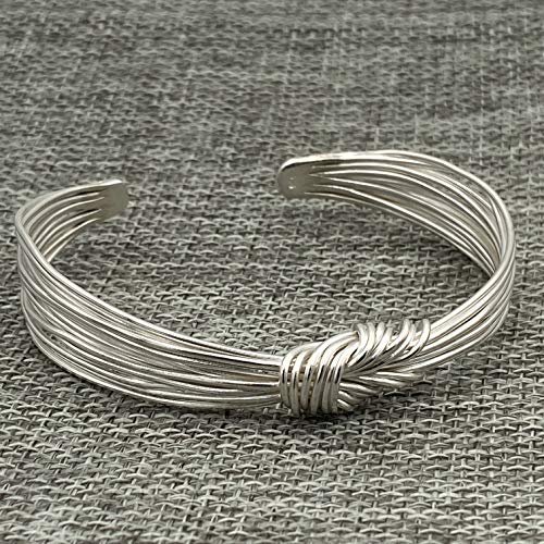 Handmade Sterling Silver Knot Cuff Bracelet, Tied White Silver Strings Minimalist Adjustable Cuff, Gift for Her