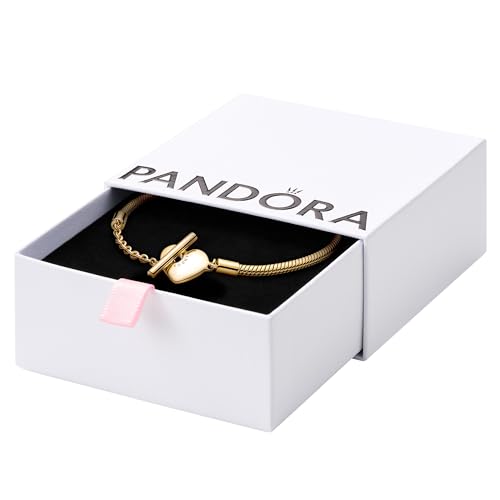 Pandora Moments Heart T-Bar Closure Snake Chain Bracelet - 14k Gold-Plated Charm Bracelet for Women - Compatible Moments Charms - 8.3" - With Gift Box