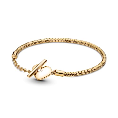Pandora Moments Heart T-Bar Closure Snake Chain Bracelet - 14k Gold-Plated Charm Bracelet for Women - Compatible Moments Charms - 8.3" - With Gift Box