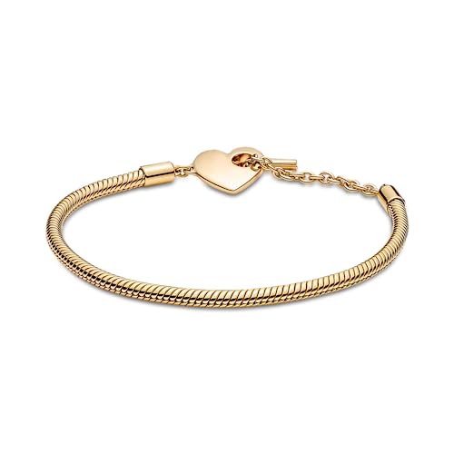 Pandora Moments Heart T-Bar Closure Snake Chain Bracelet - 14k Gold-Plated Charm Bracelet for Women - Compatible Moments Charms - 8.3" - With Gift Box