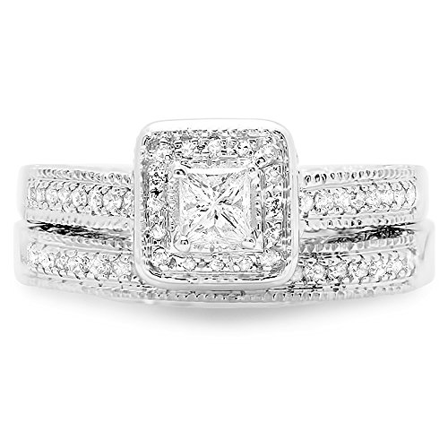 Princess & Round Diamond Bridal Ring Set 0.75CT