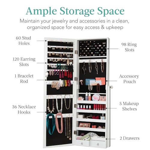 Freestanding White Jewelry Armoire with Mirror and Lock