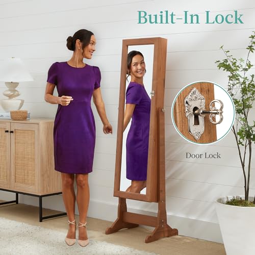 Freestanding White Jewelry Armoire with Mirror and Lock