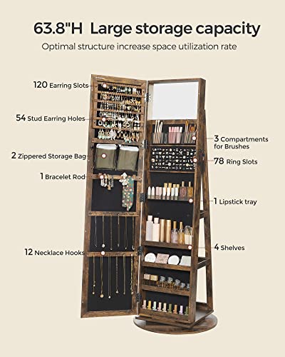 360° Swivel Jewelry Cabinet with Mirror and Storage