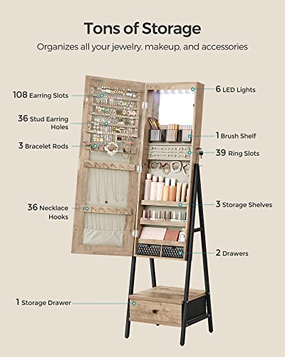 Lockable Standing Jewelry Armoire with Full-Length Mirror - Toasted Oak