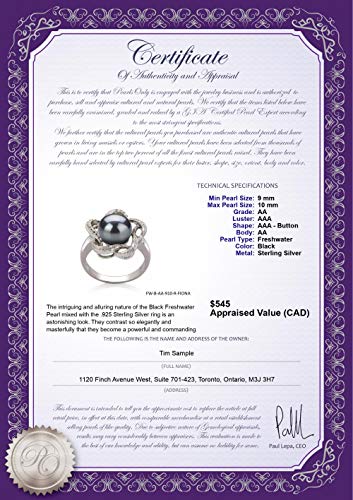 Black Freshwater Pearl Ring 925 Sterling Silver - Size 7