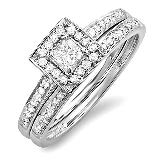 Dazzlingrock 0.50 CT Princess Round Diamond Halo Engagement Ring Set