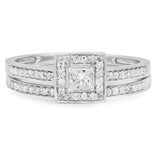 Dazzlingrock 0.50 CT Princess Round Diamond Halo Engagement Ring Set