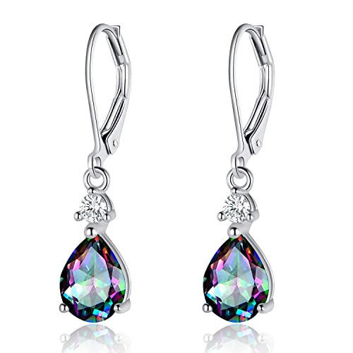 Rainbow Teardrop Leverback Earrings: Sterling Silver Mystic Topaz