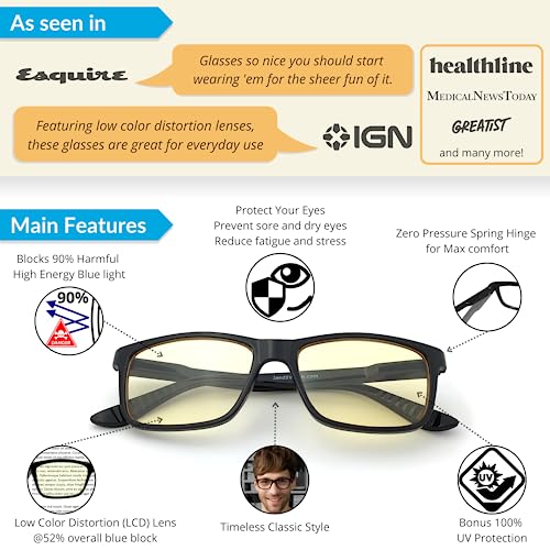 J+S Vision Blue Light Shield Computer Reading/Gaming Glasses - 0.0 Magnification - Anti Blue Light 100% UV Protection Low Color Distortion, Classic Black Frame - Essential Gaming Gear